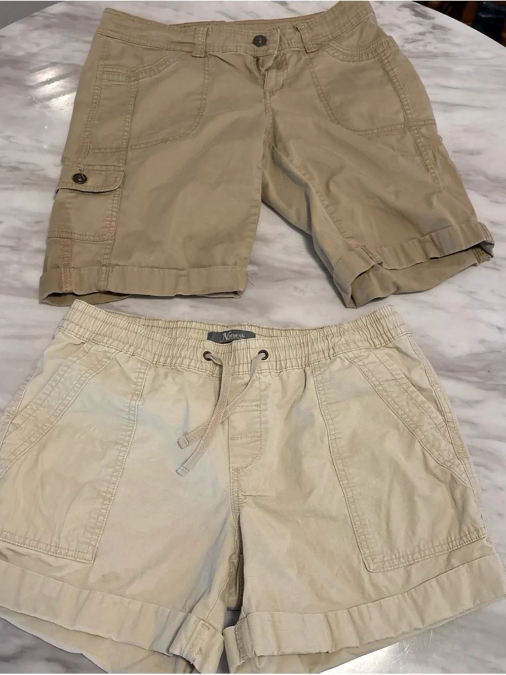 Two Khaki Cargo and Drawstring Shorts - Neutral Beige